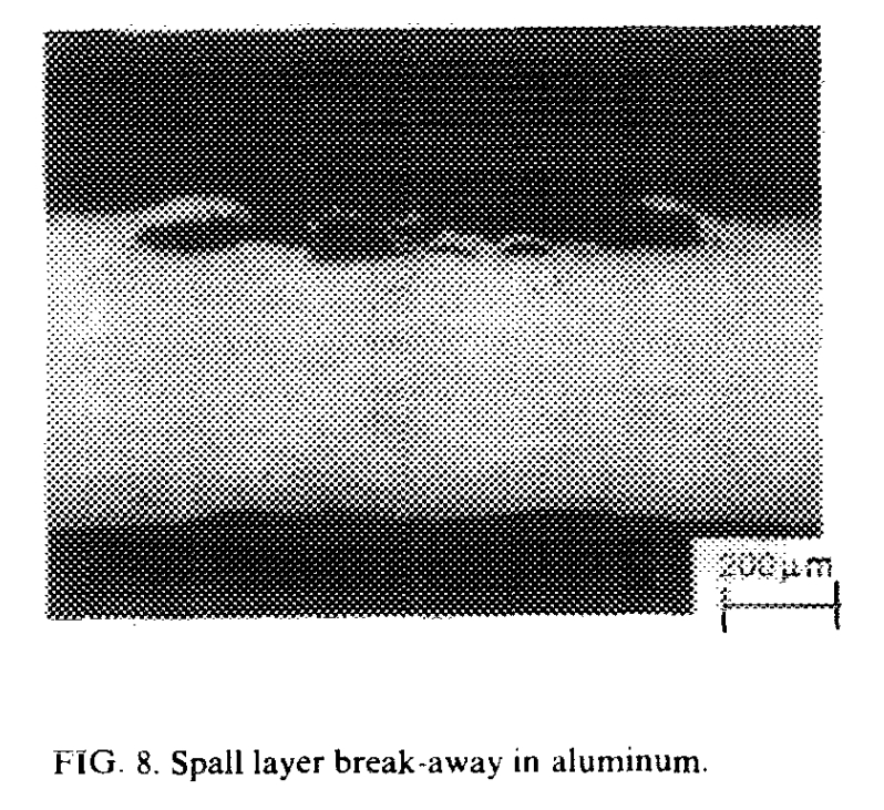 1.2 cm sphere impact at 6.8 km/s showing rear spall layer