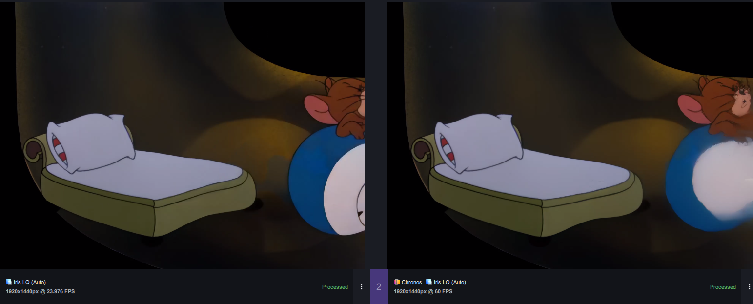 Left: upscale only, right: upscale + frame interpolation