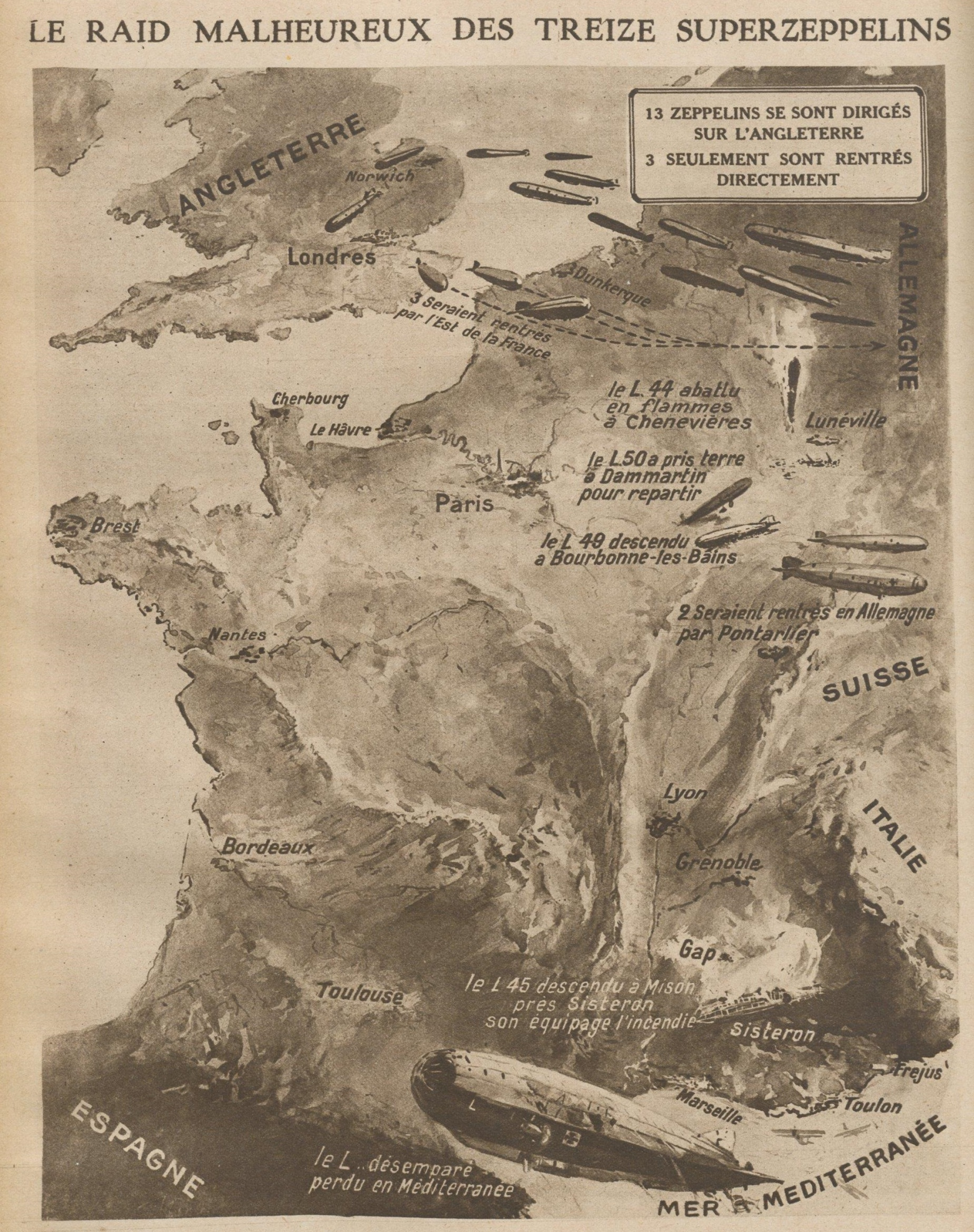 Французская инфографика по следам «тихого рейда» и его последствиям для участвовавших цеппелинов