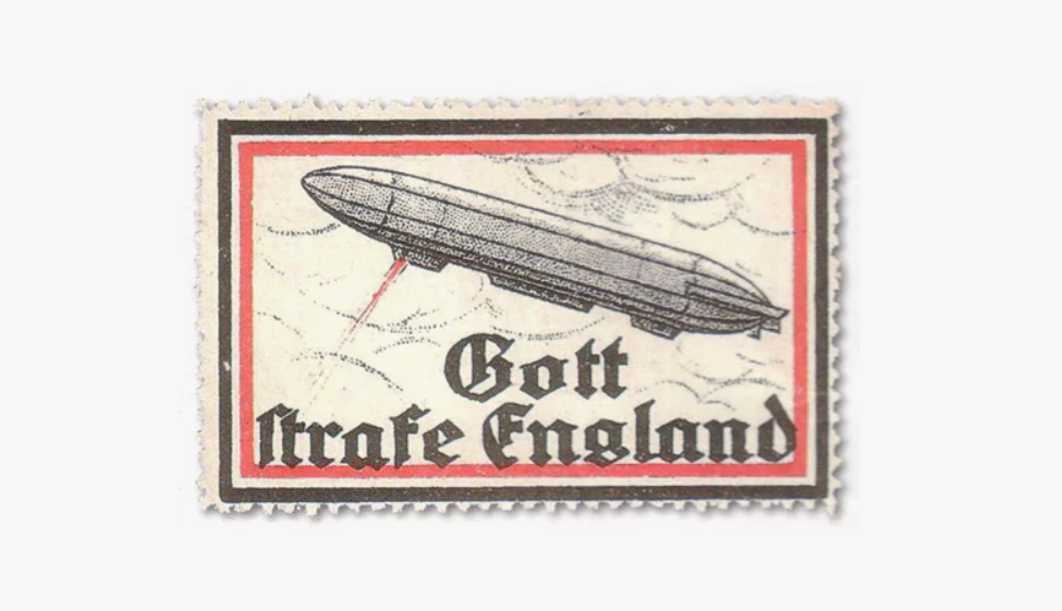 Немецкая марка времён Первой мировой войны с цеппелином и популярным тогда слоганом «Боже, покарай Англию!»