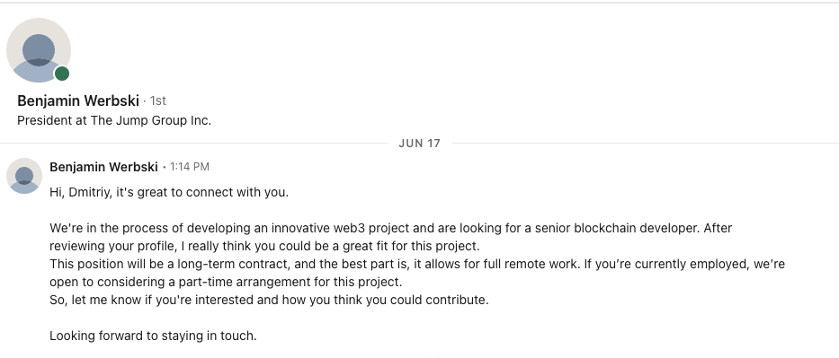 LinkedIn message from fake recruiter