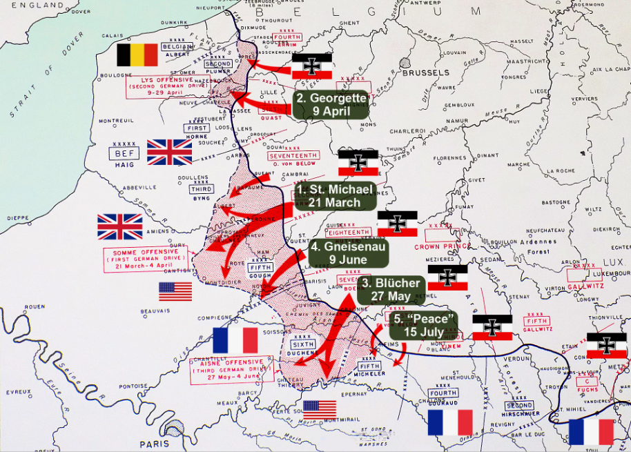 Весной 1918 года во время последней немецкой стратегической наступательной операции «Кайзершлахт» над Антантой вновь возникла тень военной катастрофы, и не вливайся на Западный фронт потока слабо обученных, но многочисленных американских дивизий, история могла бы пойти иначе.
