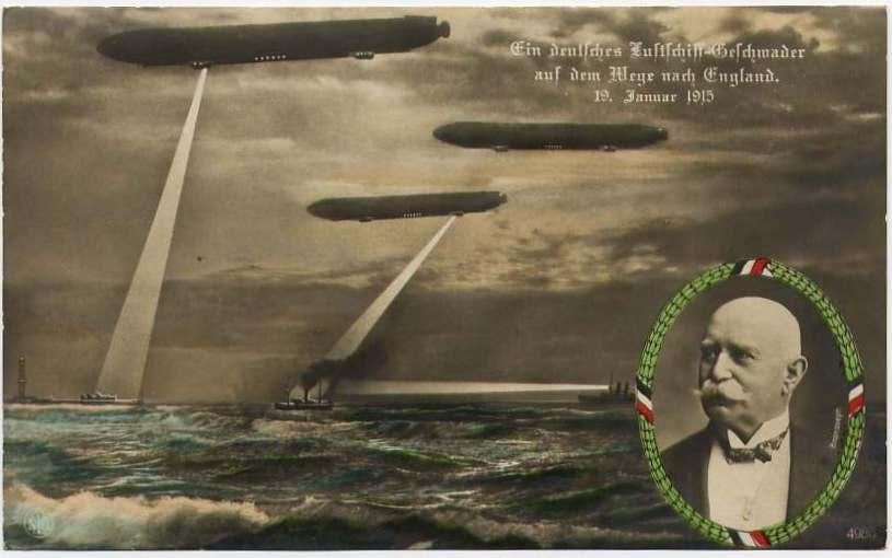 Немецкая открытка в честь первого налёта дирижаблей фон Цеппелина на Британию. До берега, впрочем, дошли только две машины