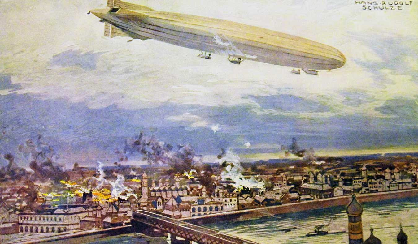 Ещё один жёсткий дирижабль от конкурента фон Цеппелина, компании Luftschiffbau Schütte-Lanz, с индексом SL-II был сдан в мае 1914 года и передан союзникам-австрийцам. Это был очень инновационный воздушный корабль, многие решения с которого тут же позаимствовал и фон Цеппелин: крестообразные хвостовые стабилизаторы, выносные гондолы с двигателями, пулемётные гнёзда в разных точках конструкции. Осенью того же года он совершил несколько налётов на Варшаву, что и запечатлено на картине того времени. Предыдущий SL-I в конце 1912 года получила германская армия, но его тоже до начала войны поломало штормом. 