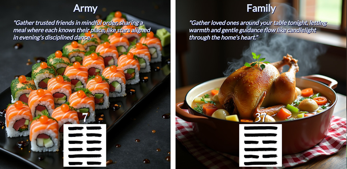 Army hexagram as rolls, Family hexagram as chicken