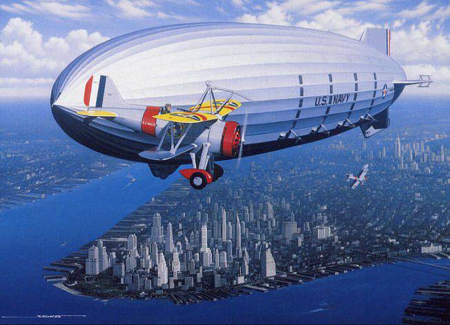 Воздушный авианосец типа «Экрон» над Манхэттеном. На переднем плане — истребитель-разведчик F9C Sparrowhawk, каждый из дирижаблей типа мог нести в ангаре по четыре таких самолёта