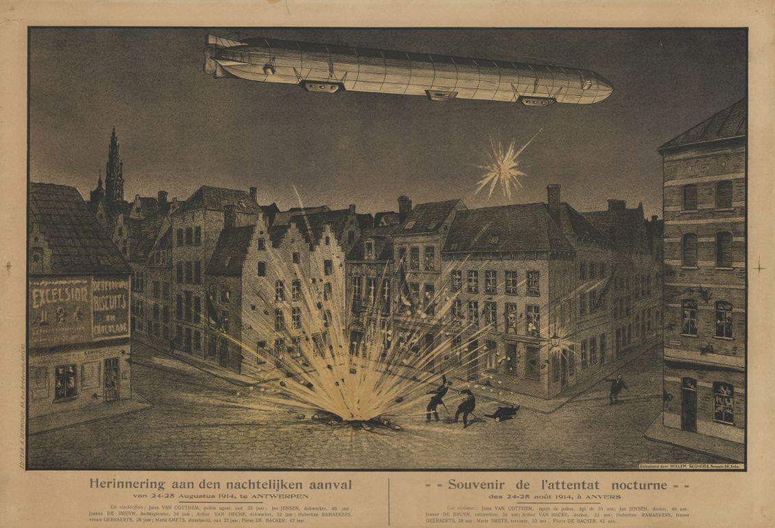 Гибель жителей Антверпена при ночной бомбёжке с цеппелина Z-IX на бельгийском плакате