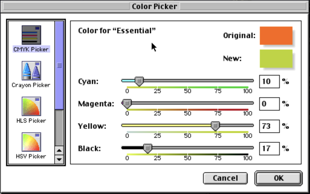 CMYK palette. Colors are specified in percentages.