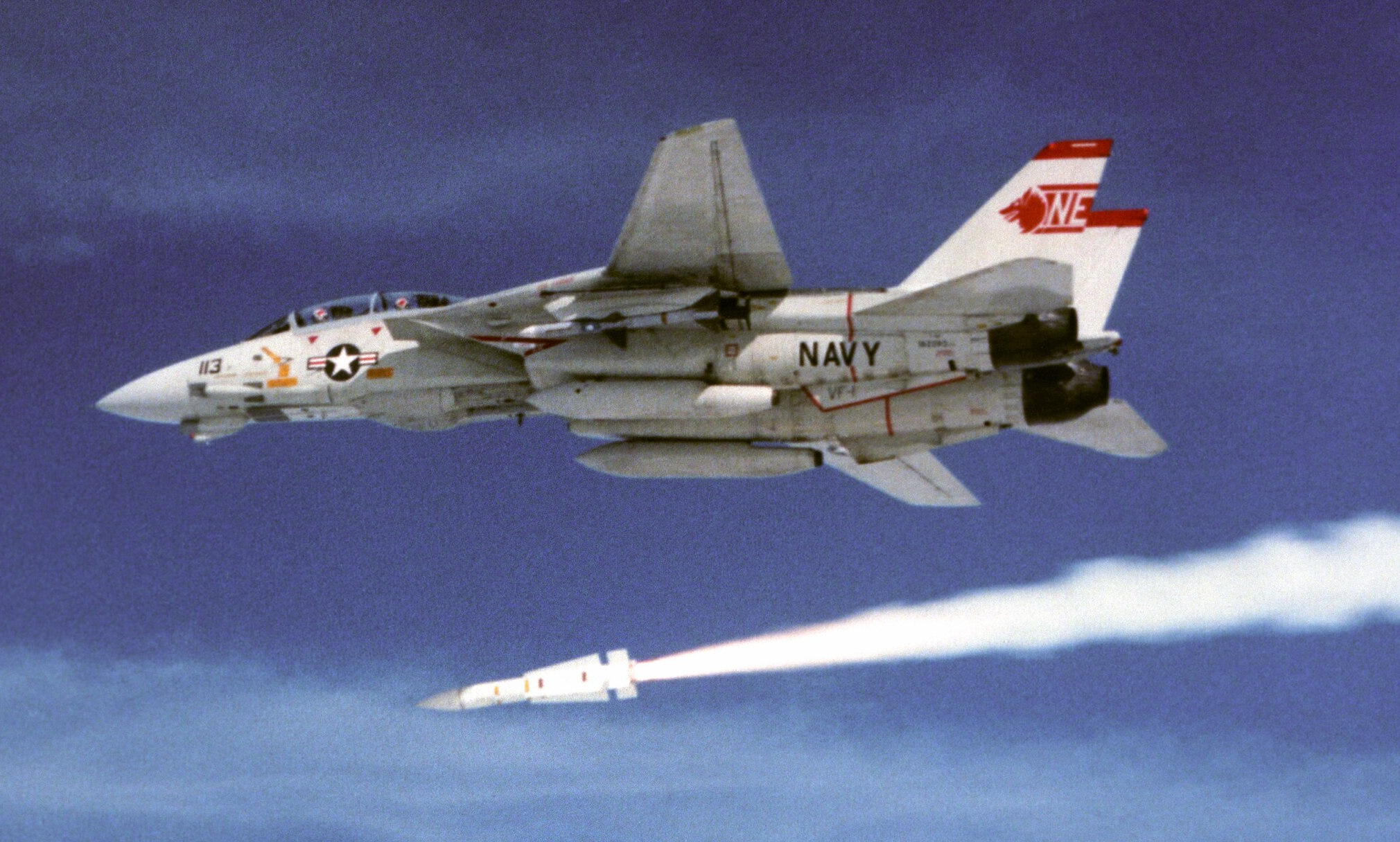 F-14 launching AIM-54 Phoenix (1974), the first missile with an active radar seeker
